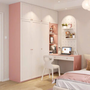 Tủ Quần Áo Kết Hợp Bàn Học Màu Hồng Pastel – Thiết Kế Đa Năng Dễ Thương Cho Phòng Bé Gái