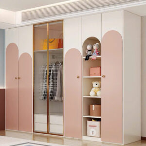 Tủ Quần Áo Màu Hồng Pastel Hiện Đại – Thiết Kế Cửa Kính Sang Trọng, Nhiều Ngăn Tiện Lợi Cho Bé Gái
