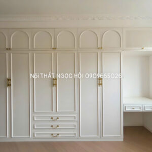 Tủ quần áo tân cổ điển sơn trắng kết hợp bàn làm việc – Sang trọng và tinh tế cho không gian phòng ngủ