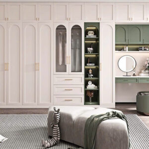 Tủ quần áo kịch trần kết hợp bàn trang điểm màu trắng xanh olive – Thiết kế hiện đại, sang trọng và đa năng