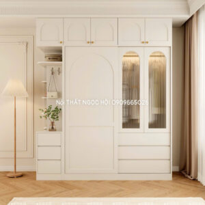 Tủ quần áo tân cổ điển cánh lùa kết hợp kính mờ sang trọng – Thiết kế tinh tế cho không gian phòng ngủ cao cấp