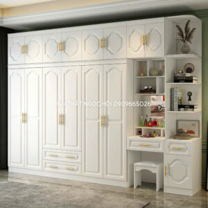 Tủ Quần Áo Tân Cổ Điển Kết Hợp Bàn Trang Điểm – Tủ Áo Kịch Trần Màu Trắng Sang Trọng
