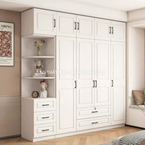 Tủ quần áo kịch trần kết hợp kệ trang trí – tay nắm đen hiện đại